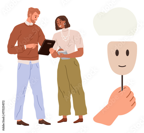Two coworkers engaged in discussion wearing casual attire alongside a hand holding a mask, symbolizing emotions, authenticity, or hidden identity. Ideal for teamwork, collaboration, communication