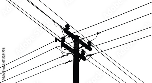 Utility pole silhouette, power lines network, electrical infrastructure, urban energy grid, industrial wires, telecommunications system, dramatic sky, voltage distribution, evening light