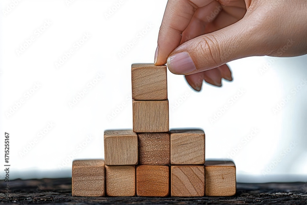 Obraz premium Close-up of a hand carefully placing a wooden cube on top of a pyramid-shaped stack of wooden blocks symbolizing building and growth
