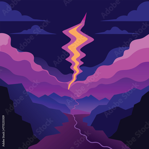 Dramatic mountain landscape with lightning strike nature