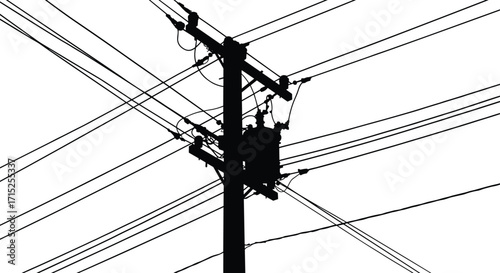 Utility pole silhouette, power lines network, electrical infrastructure, urban energy grid, transformer components, industrial wires, city electricity, dramatic sky backdrop