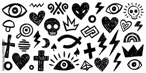 Collection of hand drawn black doodle icons featuring skulls hearts eyes lightning bolts and crosses