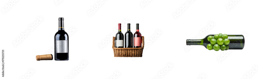 Naklejka premium Assortment of wine bottles and grapes on transparent background, cut out
