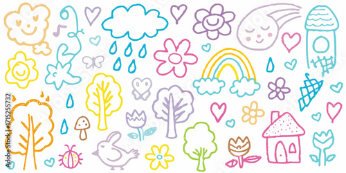 Whimsical hand drawn doodle elements of nature and happy faces in bright crayon colors
