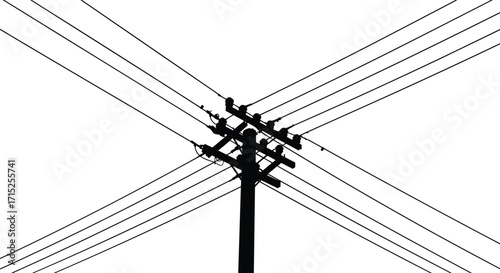 Utility pole silhouette, symmetrical power lines, electric grid structure, urban energy network, dramatic contrast, industrial wires, high voltage infrastructure, X-shaped design