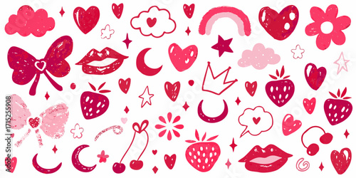Collection of hand drawn cute pink and red valentine day elements hearts stars lips clouds rainbow and berries