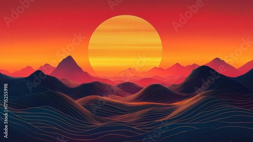 Digital illustration of a large sun setting behind layered mountains with smooth, wavy contours under a vibrant orange and red sky, evoking calm and awe