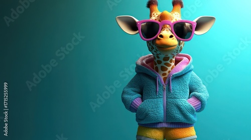 Cool giraffe wearing oversized pink sunglasses and a turquoise hoodie with purple accents standing against a gradient teal background, exuding confidence and style