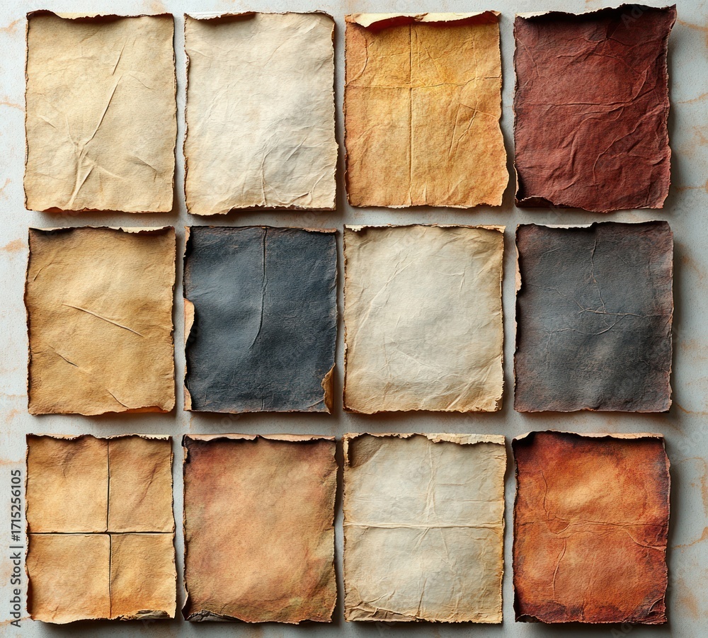 Fototapeta premium Twelve aged and wrinkled paper sheets arranged in a grid showing various shades of brown, beige, yellow, and dark burnt edges with texture and folds