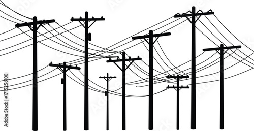 Utility poles silhouette, power lines network, urban infrastructure, electricity distribution, black and white contrast, industrial energy grid, minimalist composition, dramatic tension