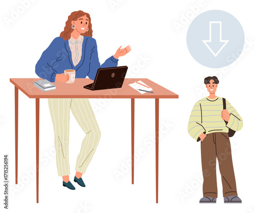 Woman sitting at desk with coffee, laptop, and papers, engaging a standing student with a shoulder bag. Ideal for education, mentoring, career guidance, counseling, teamwork communication simple