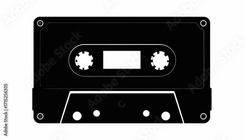 A black cassette tape illustration, a retro music storage device, isolated on white.