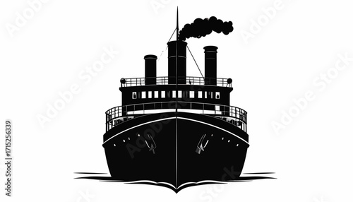 A stark black and white silhouette of a vintage steamship, facing forward, with smoke billowing from the smokestack.