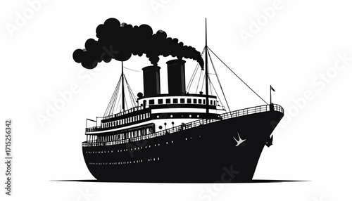 Silhouette of a vintage steamship with two smokestacks emitting dark smoke, sailing on water.