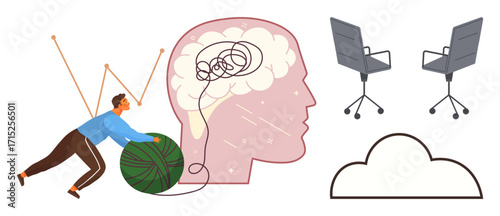 Man pushes yarn ball to untangle brain mess, emphasizing mental clarity. Chairs for collaboration, cloud for abstract thinking. Ideal for creativity, therapy, problem-solving, stress management
