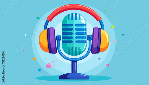 A vibrant illustration of a vintage microphone paired with colorful headphones, ready for recording.