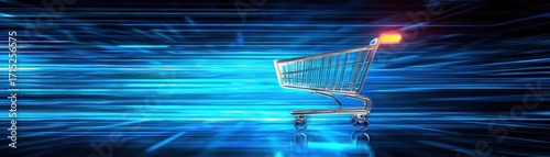 Empty shopping cart glowing with orange light on handle moving fast in vibrant blue futuristic digital background