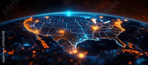 Futuristic digital map of the United States glowing with bright orange and blue lights displaying city locations and state borders at night on a curved globe