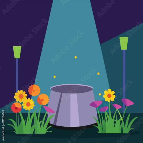 Garden scene with streetlights and flowers at night