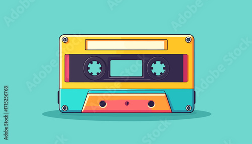 A vibrant, retro-styled illustration of a compact cassette tape.