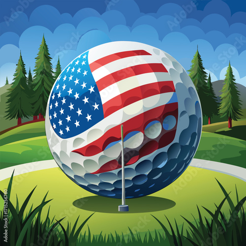 Golf ball with American flag design on a golf course
