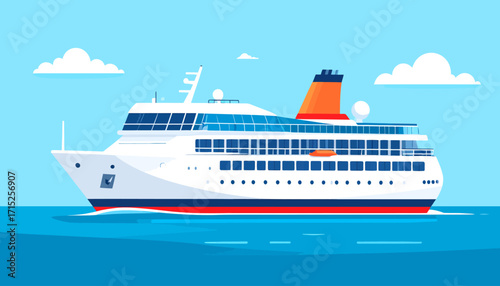 A cartoon illustration depicts a large cruise ship sailing peacefully on a blue ocean.
