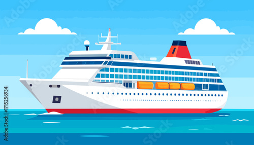 A large cruise ship sails across a blue ocean under a bright, sunny sky with fluffy clouds.
