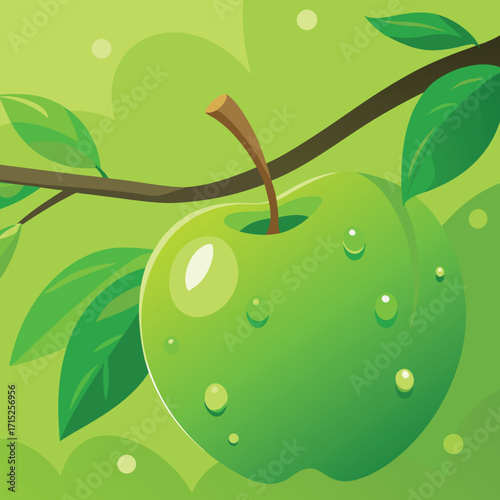Green Apple with Water Droplets on Branch fruit food