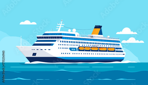 A large cruise ship sails on the ocean under a bright blue sky with scattered clouds.