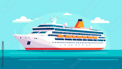 A cruise ship sailing on the ocean under a blue sky with white clouds.