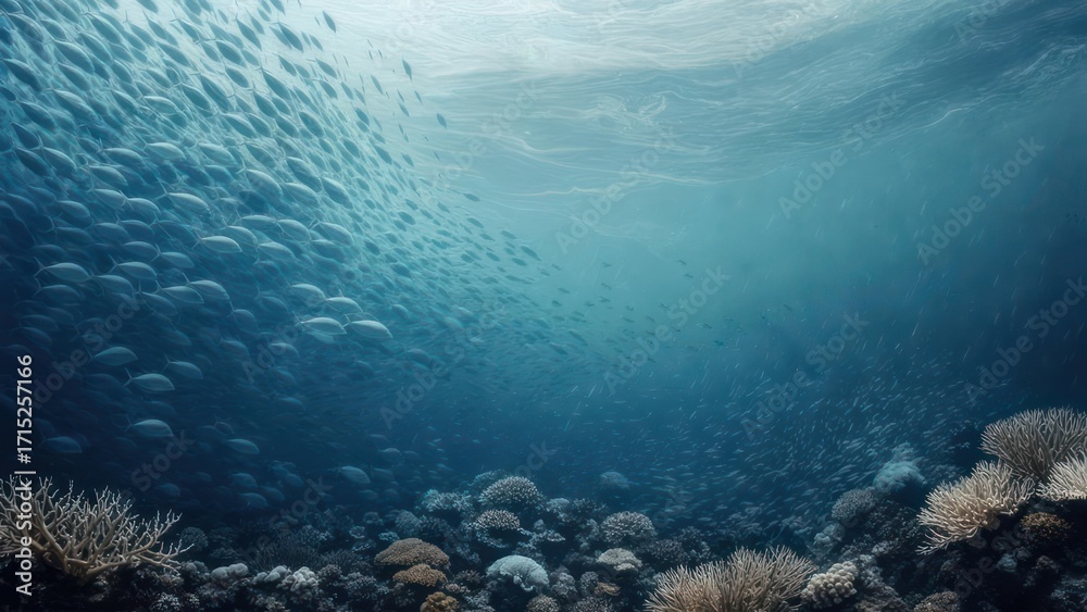 Fototapeta premium School of fish over a vibrant coral reef in the ocean depths