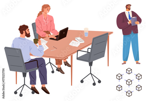 Colleagues discussing project at a desk with laptops and documents, a manager supervising. Ideal for teamwork, collaboration, project management, leadership, office workflow, task distribution