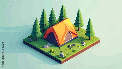 Low poly isometric illustration of a tent pitched in a grassy area surrounded by stylized evergreen trees.