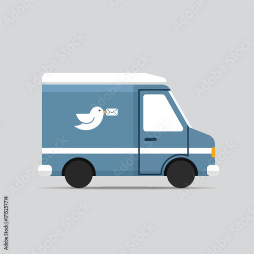 A flat vector illustration of a blue delivery truck with a messenger bird logo, symbolizing fast communication and mail service