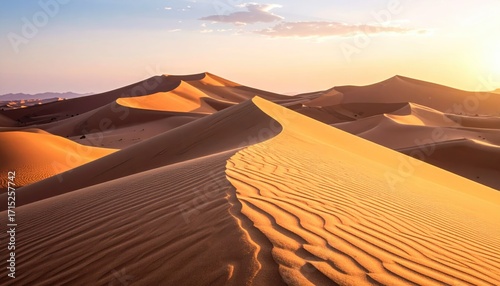 Fototapeta Naklejka Na Ścianę i Meble -  Golden Sand Dunes at Sunset Desert Landscape