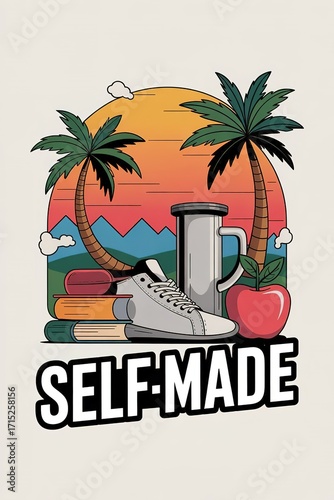 Self Made Success: Tropical Sunset Illustration with Books, Snea