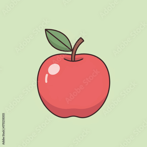 Simple red apple fruit icon with a green leaf and stem, a flat vector illustration on an isolated light green background