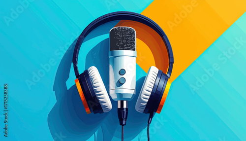 Headphones and microphone positioned on a vibrant blue and orange background.