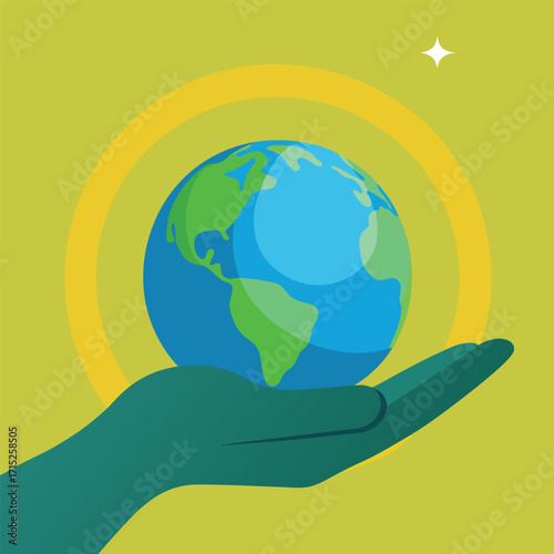 Hand holding planet Earth with golden halo and sparkle