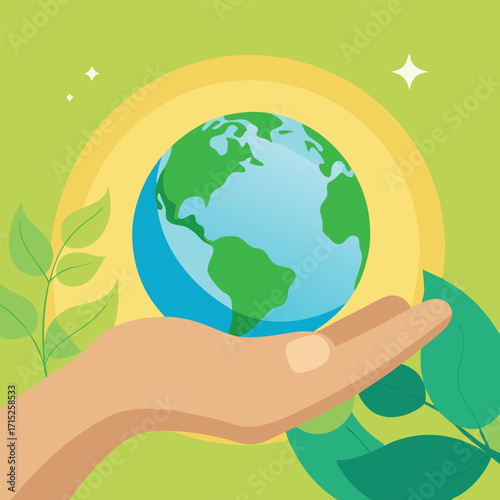 Hand holding planet Earth with leaves and sun globe