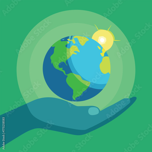 Hand holding planet Earth with sun and green aura globe