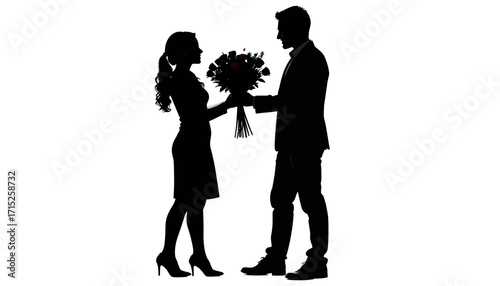 Silhouette of a man presenting a bouquet of flowers to a woman.