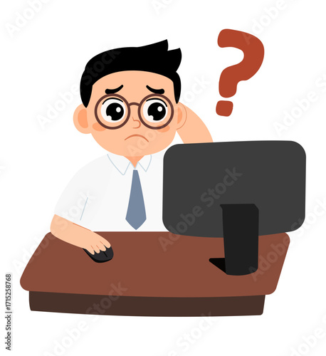 Illustration of Confused Man Working at Computer