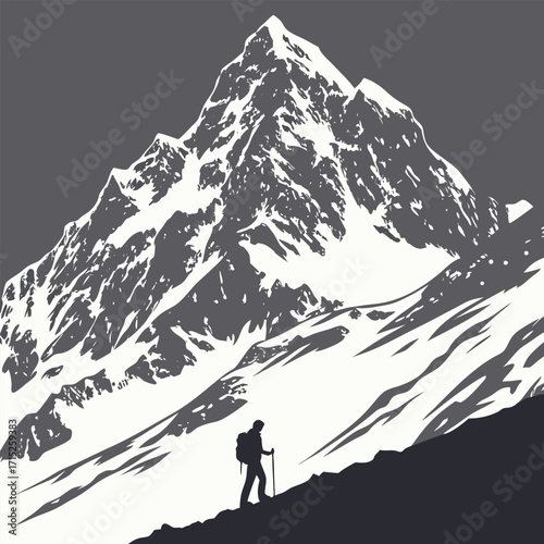 Hiker with backpack and trekking pole on snowy mountain slope