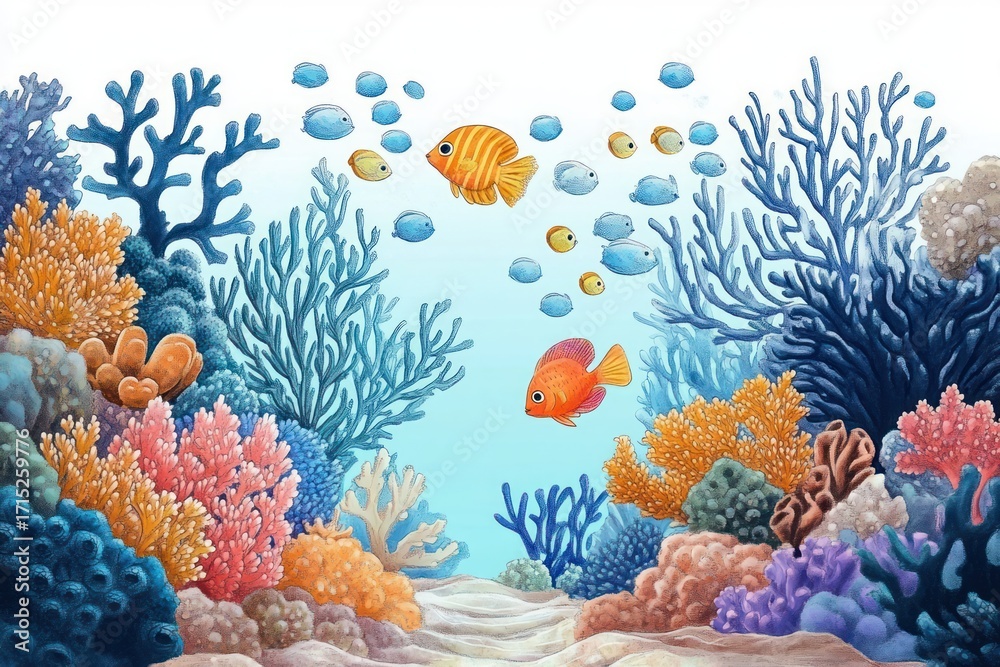 Obraz premium Colorful underwater coral reef scene with various vibrant corals and small fish swimming peacefully in clear blue water