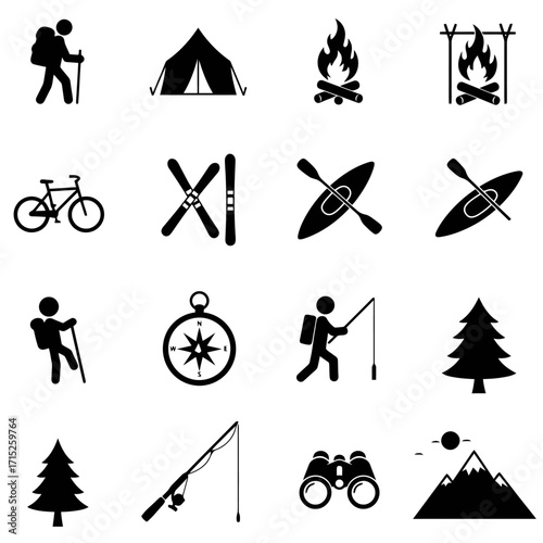 Outdoor Adventure Icons Hiking, Camping, Skiing, Kayaking, and Fishing Symbols