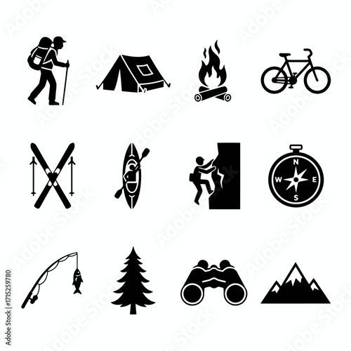 Dynamic collection of minimalist outdoor activities icons, featuring essential symbols for hiking, camping, cycling, and other adventure sports and travel leisure hobbies