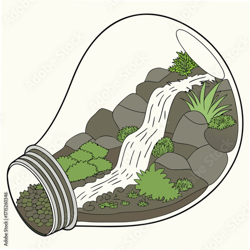 Miniature waterfall inside a light bulb terrarium nature