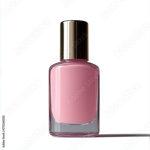 Glossy glass bottle with metallic cap containing pink nail polish casting a soft shadow on a white background