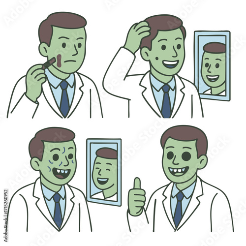 Man zombie suit mirror makeup transformation happy thumbs up